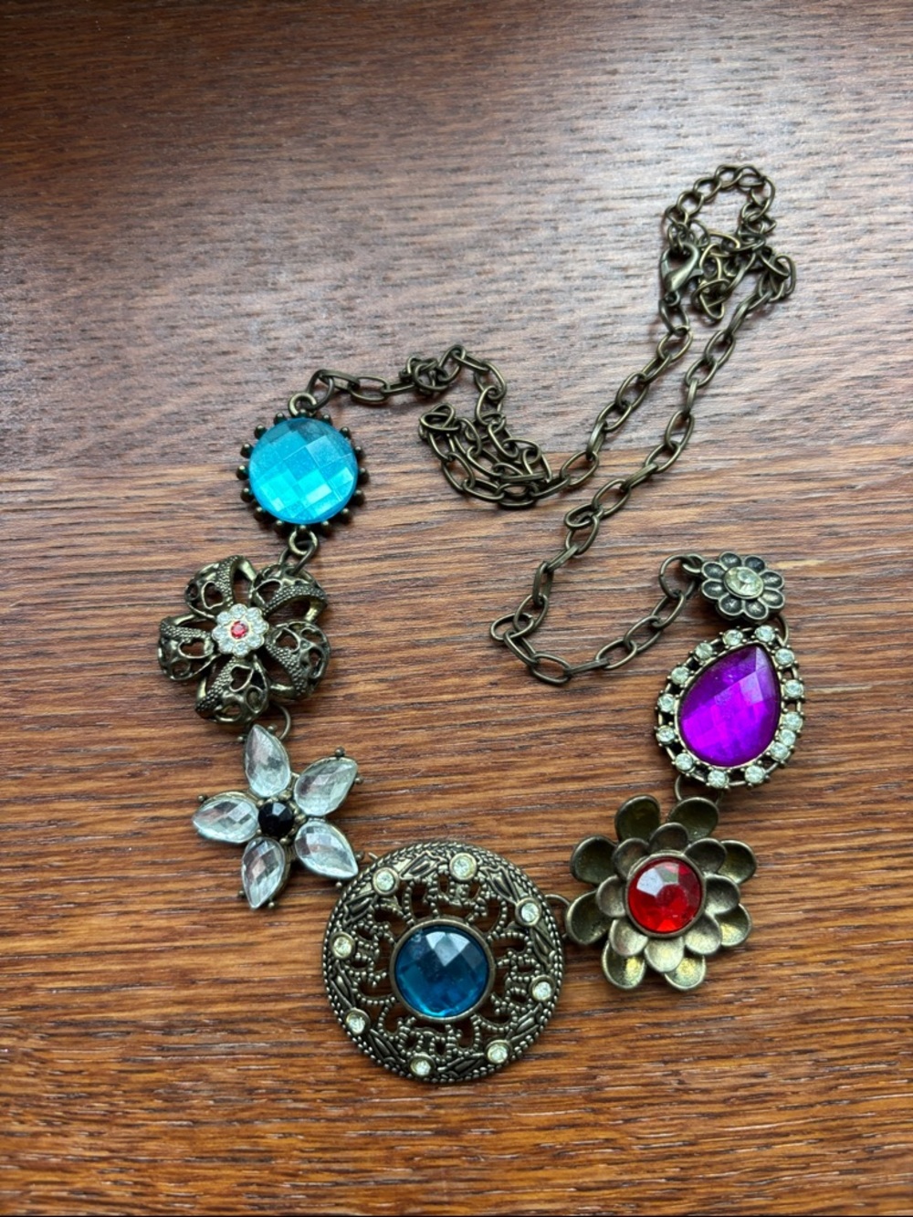 Bohemian Multigem Floral Pendant Necklace - Blue, Purple & Red